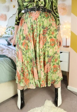 Vintage Y2K Green Orange Floral Flower Festival Midi Skirt