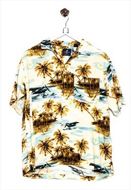 Vintage Caribbean Joe Hawaiian Shirt Seaplane Print Beige