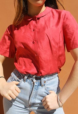 Red Silky Short Sleeve Blouse with Peter Pan Collar