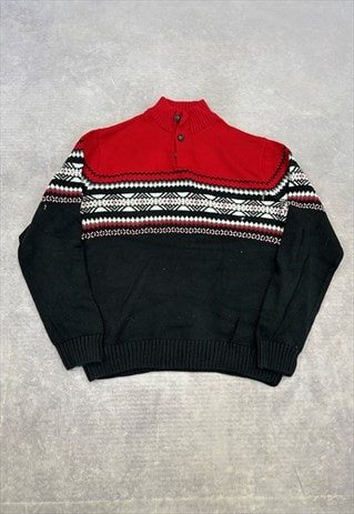 CHAPS KNITTED JUMPER 1/4 BUTTON CHUNKY KNIT SWEATER