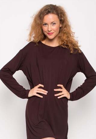 Plain color cotton blend Long T-shirt Dress in brown CY