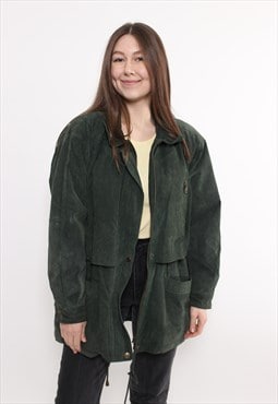 90s leather green coat, vintage woman light hunter style 
