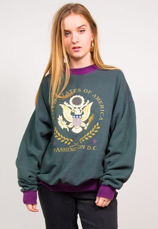 VINTAGE 90'S GREEN WASHINGTON DC PRINT OVERSIZED SWEATSHIRT