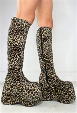 Vintage 90s Boots Leopard Furry Texture Platform Chunky Y2k