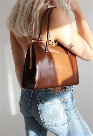 VINTAGE 60S BRONZE PATENT LEATHER TOP HANDLE BOX HANDBAG