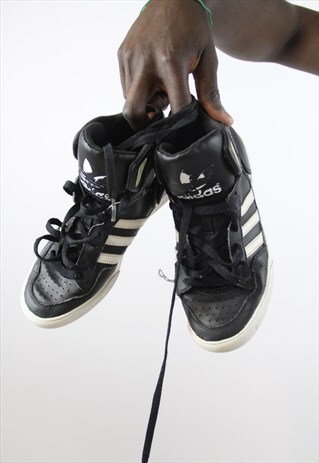 VINTAGE ADIDAS BLACK LEATHER HIGH-TOP TRAINERS