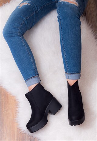 BGSPY PLATFORM BLOCK HEEL ANKLE BOOTS SHOES - BLACK SUEDE