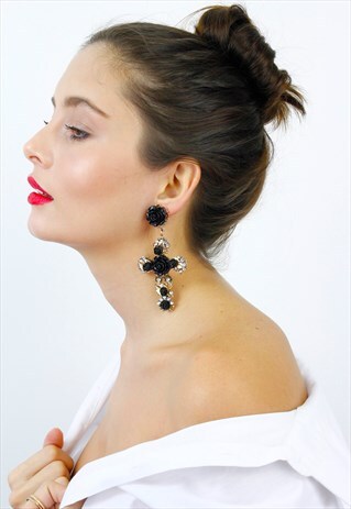 GOLD BLACK FLOWERS LARGE CROSS STATEMENT EARRINGS