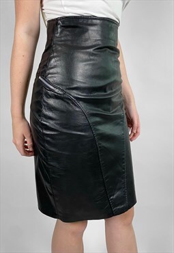 80's Leather Ladies Vintage Black Zip Pencil Midi Skirt 