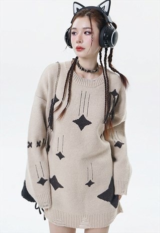 CYBER PUNK SWEATER STAR PATCH JUMPER FUTURISTIC TOP IN CREAM