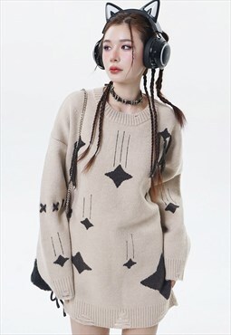 Cyber punk sweater star patch jumper futuristic top in cream