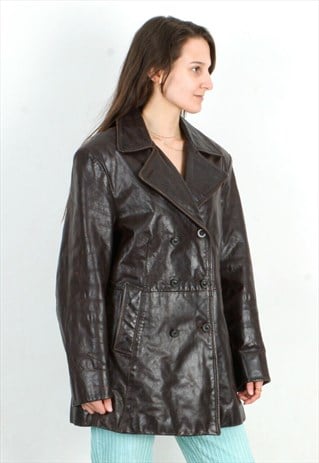 VINTAGE WOMEN'S L LEATHER BROWN COAT OVERCOAT TRENCH MAC