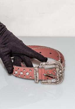 Y2K Vintage diamond-studded buckle belt in rose ash