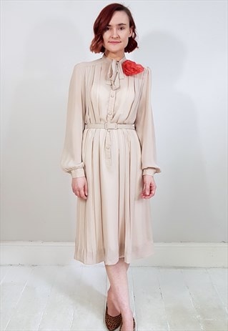 VINTAGE 80'S FLOWER NUDE SHEER TIE NECK BELT PLEAT DRESS