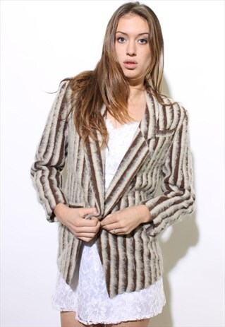 VINTAGE 1980'S 80'S FUZZY STRIPED BLAZER JACKET COAT S-M
