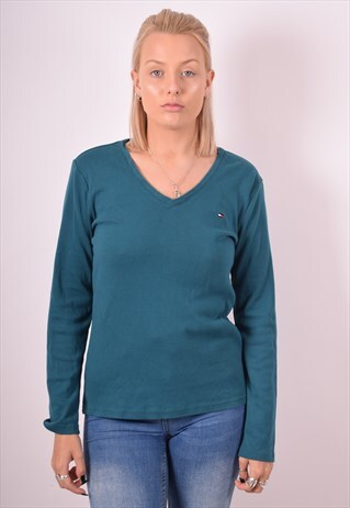 TOMMY HILFIGER WOMENS VINTAGE TOP LONG SLEEVE LARGE BLUE 90S