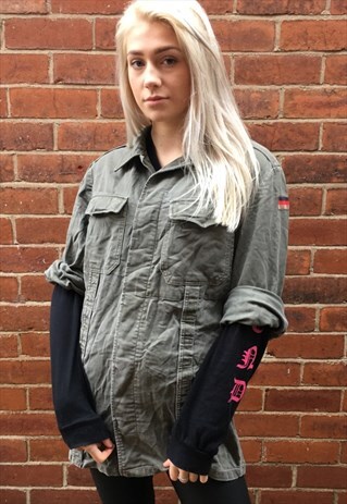 VINTAGE OVERSIZED CAMO KHAKI GERMAN MILITARY SHIRT 10 12