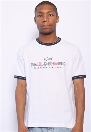 VINTAGE PAUL AND SHARK BIG SPELL OUT LOGO T-SHIRT WHITE