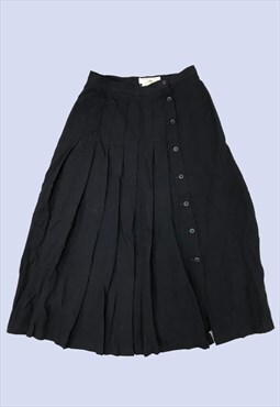 Navy Blue Wool Pleated High Waist Button Up Midi Skirt 