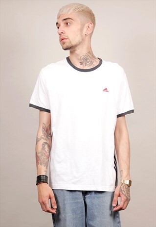 VINTAGE 90'S ADIDAS WHITE STRIPED T-SHIRT