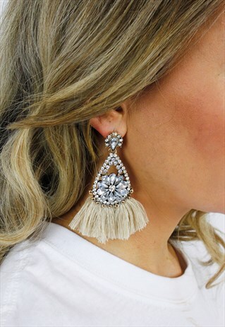 BEIGE RHINESTONE TASSEL FRINGE CHANDELIER DROP EARRINGS