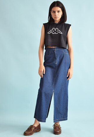 90'S RETRO FESTIVAL DENIM FRONT & BACK SPLIT MAXI SKIRT