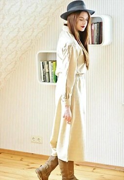 Beige light wool long sleeve midi shirt style vintage dress
