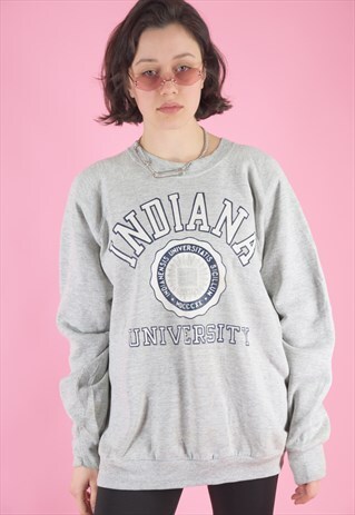 VINTAGE 90S SWEATSHIRT JUMPER IN GREY WITH UNIVERSITY PRINT