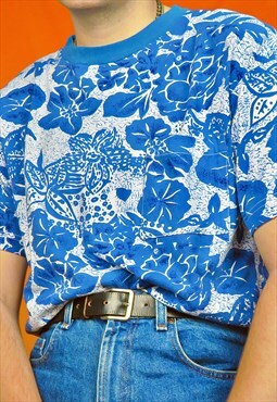 Vintage Funky Floral Graphic Patterned Pocket T-Shirt Blouse