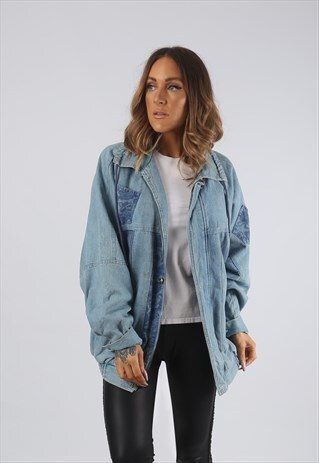 VINTAGE DENIM BOMBER JACKET OVERSIZED FLORAL STRIPED (CRBT)