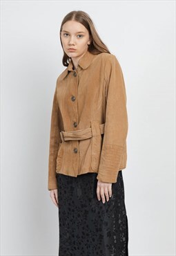 Vintage Fitted Button Up Women Suede Jacket in Brown M