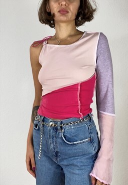 Reworked Asymmetric One Shoulder Patchwork Top In Pink 
