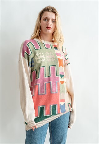 VINTAGE 80S FUNKY LONG JUMPER WITH ABSTRACT PATTERN
