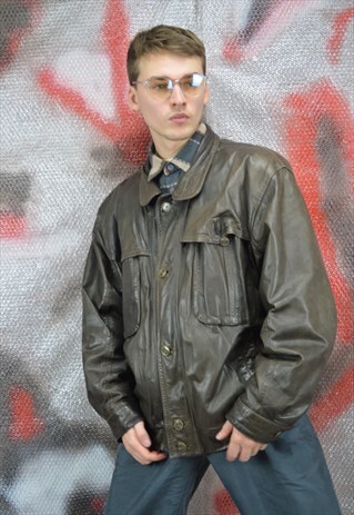 VINTAGE BROWN RAVE LEATHER BIKER BOMBER JACKET