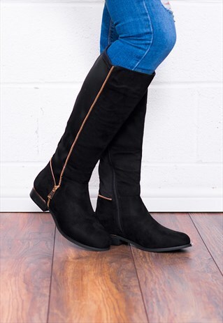 PROVENCE ZIP FLAT STRETCH KNEE HIGH TALL BOOTS - BLACK