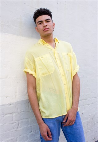 VINTAGE OVERSIZED UNISEX SILK SHIRT IN PASTEL YELLOW