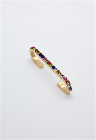 NO PIERCING RAINBOW MULTI COLOR CRYSTAL GOLD EAR BAR CUFF