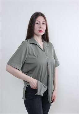 Y2k stretchy shirt, khaki green top LARGE size short sleeve 