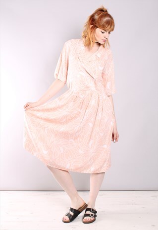 VINTAGE 80S PEACH PRINT WRAP MIDI DRESS