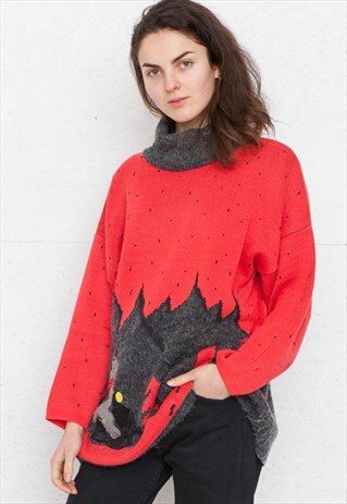 VINTAGE RED GREY TURTLE ROLL NECK KNIT JUMPER SWEATER