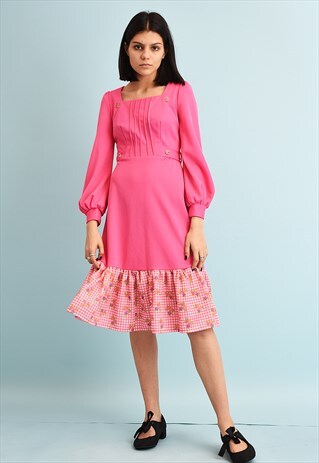 VINTAGE 70'S RETRO PUFF-SLEEVED BOHO MIDI DRESS