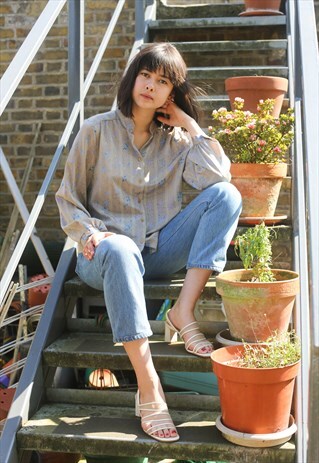 VINTAGE 80S GRANDAD COLLAR PRINTED BLOUSE