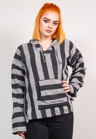 90'S VINTAGE GREY STRIPED GRUNGE BAJA HOODIE JUMPER
