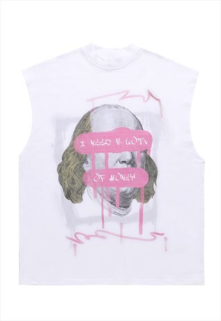 DOLLAR PRINT SLEEVELESS T-SHIRT RETRO TANK TOP SURFER VEST
