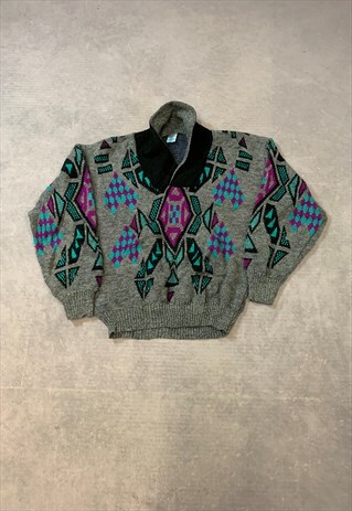 VINTAGE KNITTED JUMPER ABSTRACT PATTERNED CHUNKY SWEATER