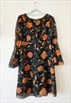 70S BLACK & ORANGE FLORAL MINIMALIST FLARE SLEEVE MIDI DRESS