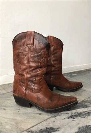 VINTAGE UNISEX BROWN ANKLE LENGTH LEATHER COWBOY BOOTS