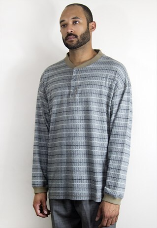 90S SKATER SPORTSWEAR LONG SLEEVE PATTERENED HENLEY XL