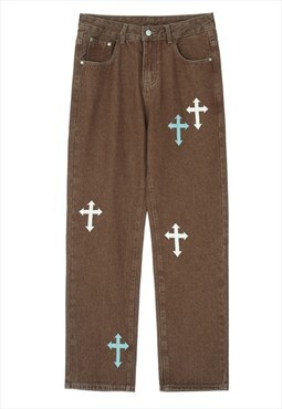 Brown Denim Crosses Embroidered Relaxed Fit Jeans Pants Y2k