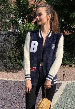 Fluffy cardigan style bomber jacket with patch in navy blue